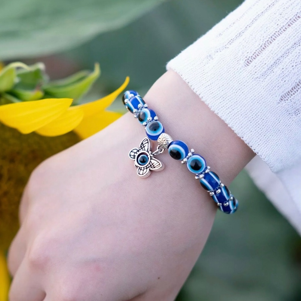 Beautiful Cute Butterfly Bangle Blue Evil Eye Round Bead Bracelet For Lover